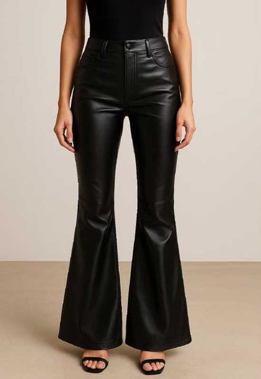 Womens Black High Waist Leather Flare Pants