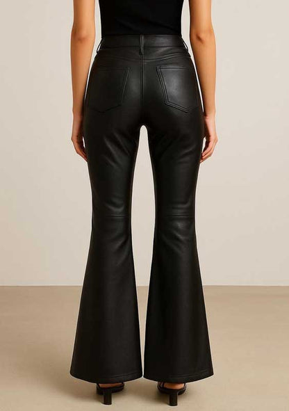 Womens Black High Waist Leather Flare Pants