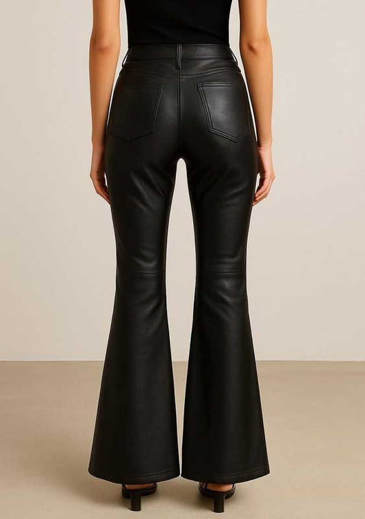 Womens Black High Waist Leather Flare Pants