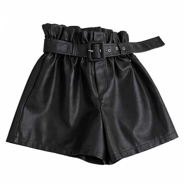 Womens Black High Waist Leather Paperbag Shorts
