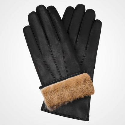 Women’s Black Lambskin Leather Gloves with Brown Rabbit Fur Lining