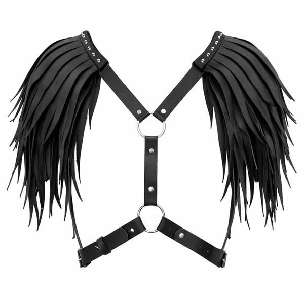 Womens Black Leather Fringe Shoulder Harness