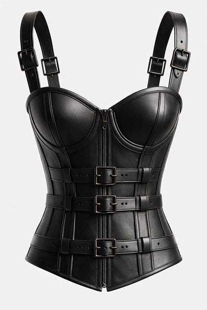 Womens Black Leather Gothic Corset Top with Buckle Belt