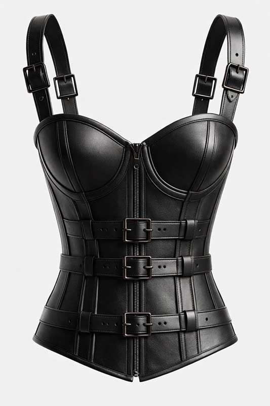Womens Black Leather Gothic Corset Top with Buckle Belt