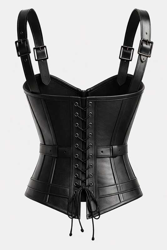 Womens Black Leather Gothic Corset Top with Buckle Belt