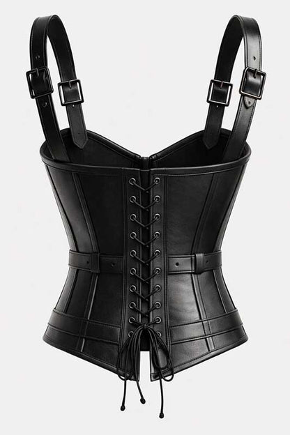 Womens Black Leather Gothic Corset Top with Buckle Belt