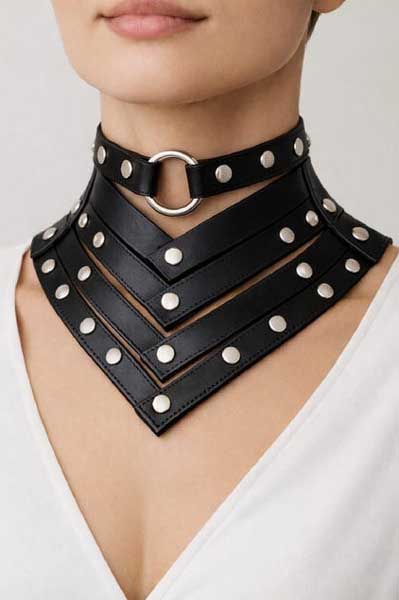 Womens Black Leather Gothic Neck Harness Choker