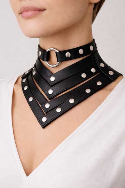 Womens Black Leather Gothic Neck Harness Choker