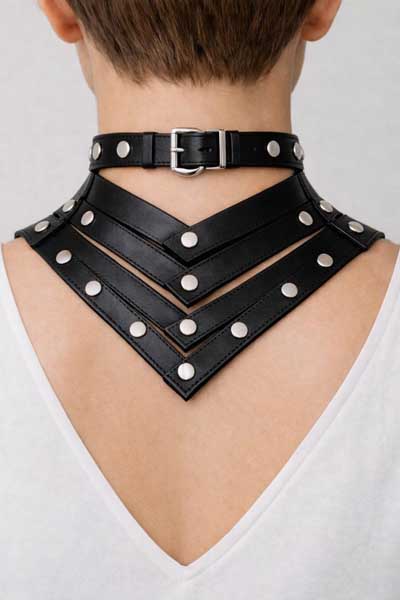 Womens Black Leather Gothic Neck Harness Choker