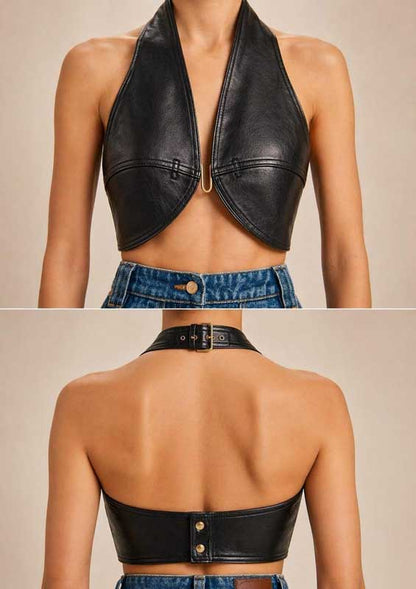 Womens Black Leather Halter Crop Top Bralette