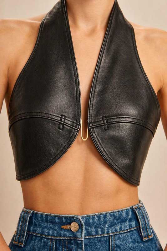 Womens Black Leather Halter Crop Top Bralette