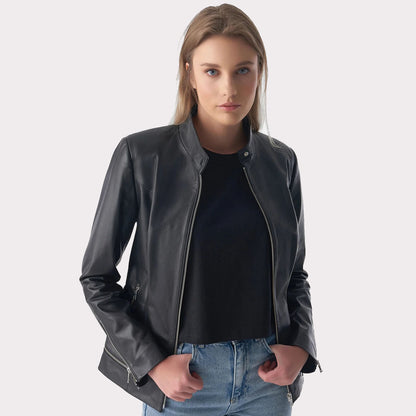 Black Women's Leather Jacket - Chic Zipper Hem
