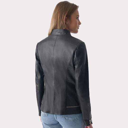 Women's Black Leather Jacket with Zipper Hem Detail