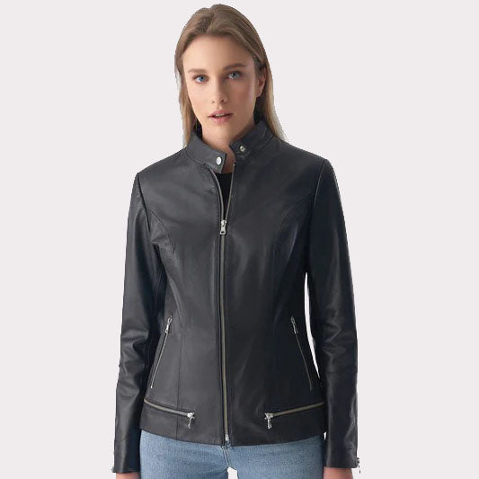 Women's Black Leather Jacket with Zipper Hem Detail