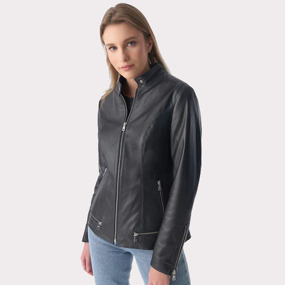 Women's Black Leather Jacket with Zipper Hem Detail