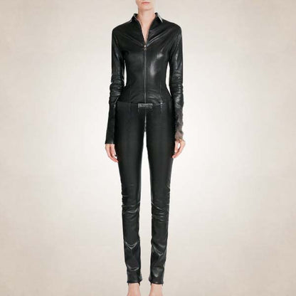 Women's Black Leather Jumpsuit with Belted Waist - Jackets Kingdom
