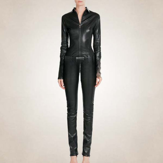 Women's Black Leather Jumpsuit with Belted Waist - Jackets Kingdom