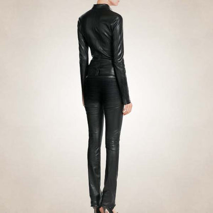 Women's Black Leather Jumpsuit with Belted Waist - Jackets Kingdom
