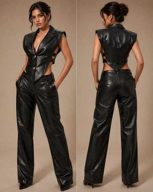 Womens Black Leather Sleeveless Blazer Top