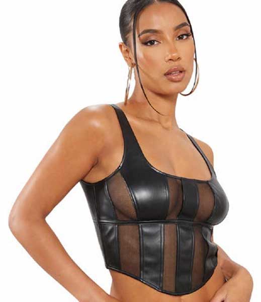 Womens Black Real Leather Lace Up Corset Top
