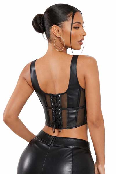Womens Black Real Leather Lace Up Corset Top