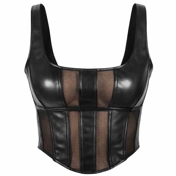 Womens Black Real Leather Lace Up Corset Top