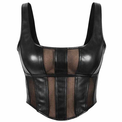 Womens Black Real Leather Lace Up Corset Top