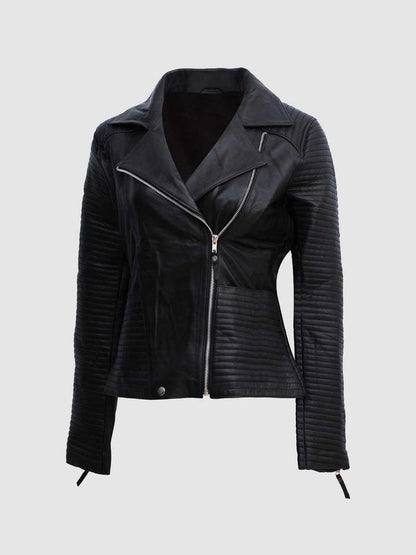 Women's Black Zipper Biker Jacket with Lip Collar