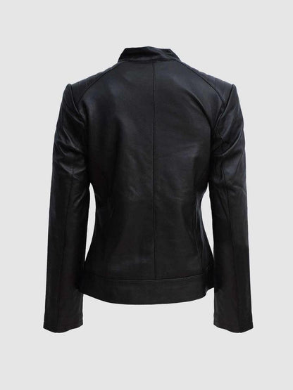 Women's Black Zipper Biker Jacket with Lip Collar