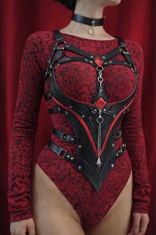 Womens Black and Red Leather Harness Corset
