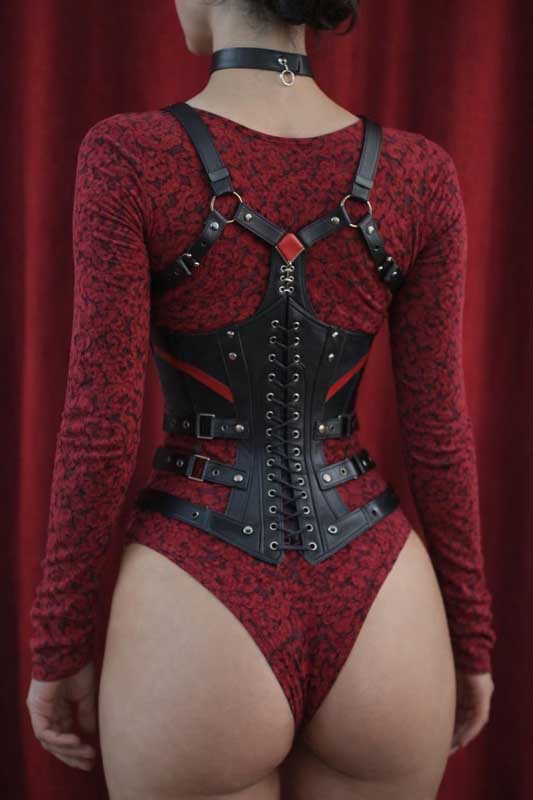 Womens Black and Red Leather Harness Corset