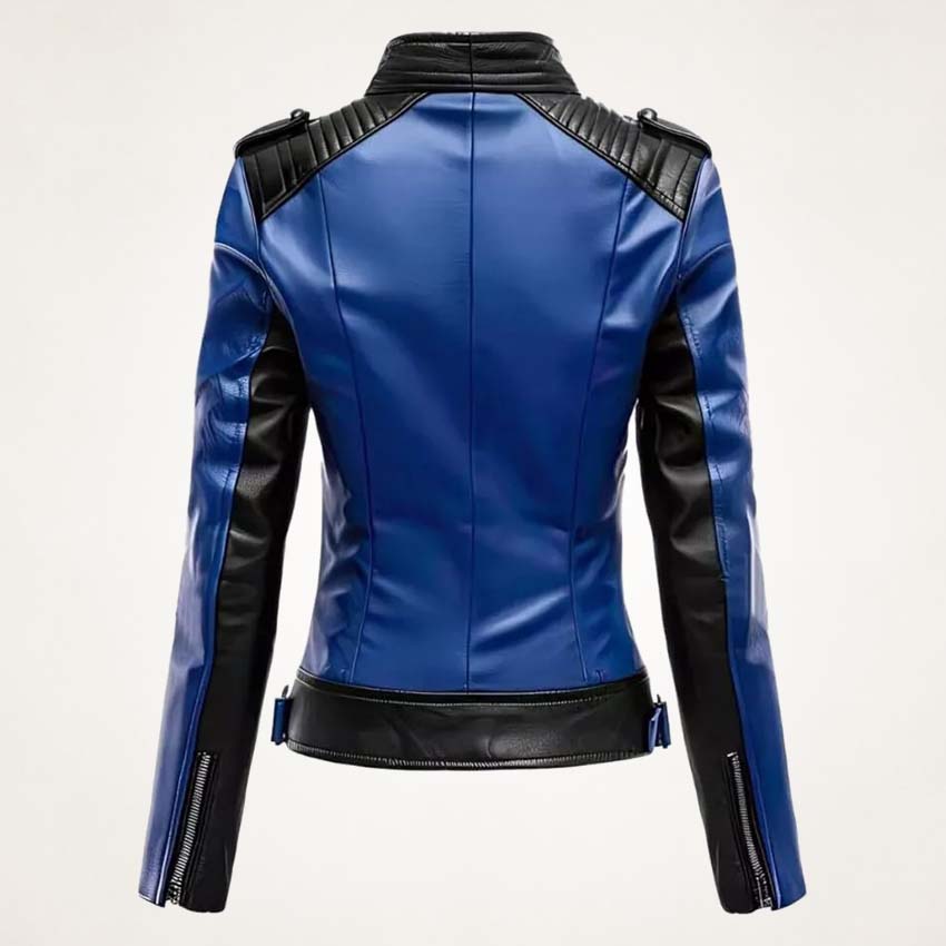 Women's Blue & Black Real Leather Slim Fit Biker Jacket