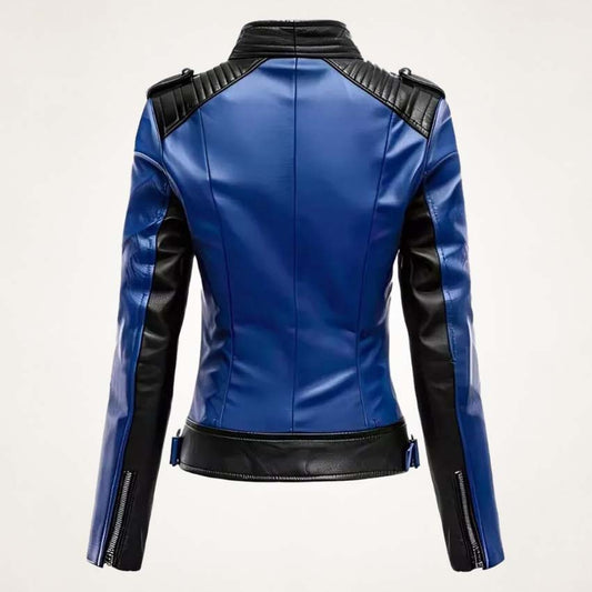 Women's Blue & Black Real Leather Slim Fit Biker Jacket