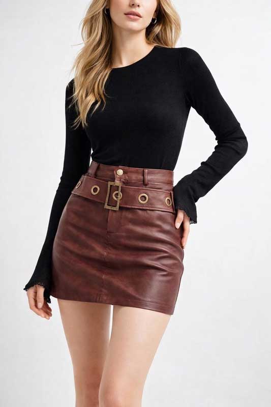 Womens Brown Leather High Waist Mini Skirt