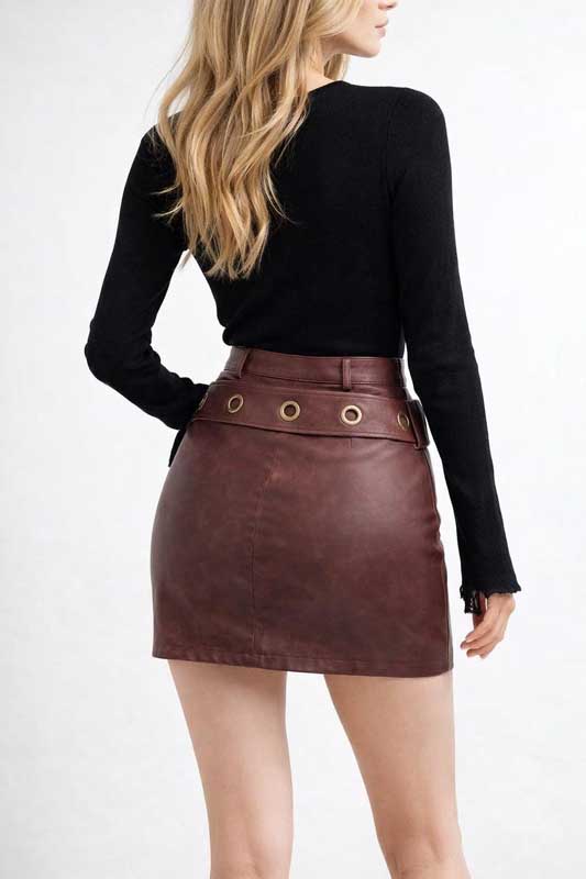 Womens Brown Leather High Waist Mini Skirt