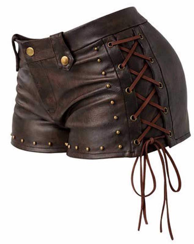 Womens Brown Leather Lace Up Biker Shorts