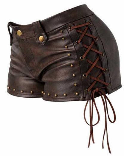 Womens Brown Leather Lace Up Biker Shorts