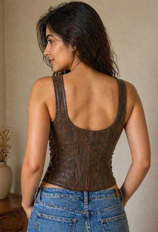 Womens Brown Leather Lace Up Corset Bustier