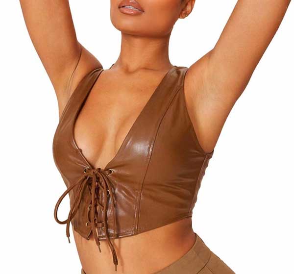 Womens Brown Leather Lace Up Corset Crop Top
