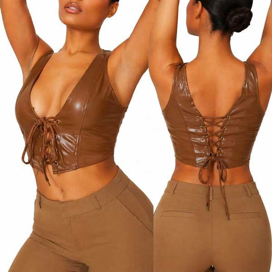 Womens Brown Leather Lace Up Corset Crop Top