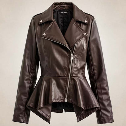Women’s Brown Peplum Leather Biker Jacket