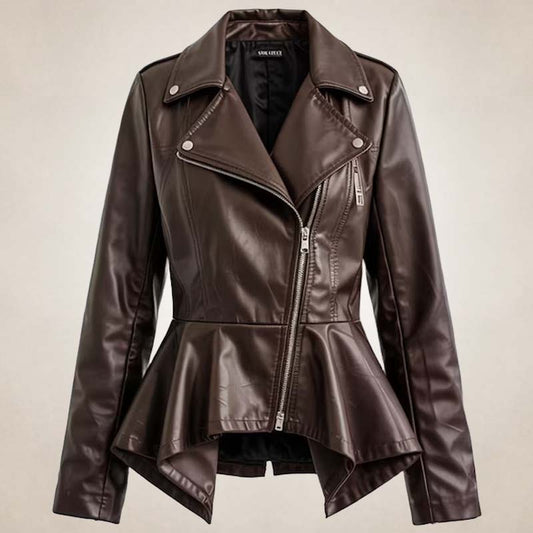 Women’s Brown Peplum Leather Biker Jacket