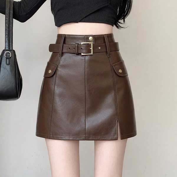Womens Brown Sheepskin Leather A Line Mini Skirt