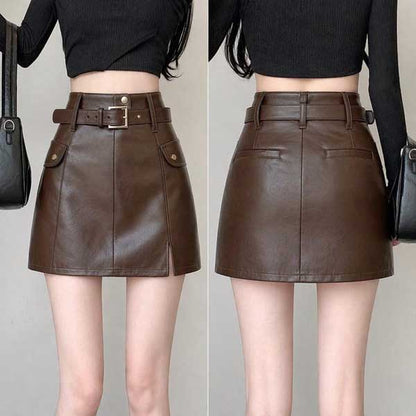 Womens Brown Sheepskin Leather A Line Mini Skirt