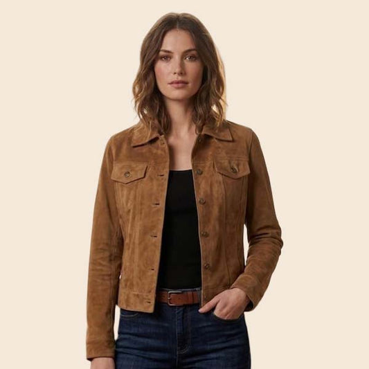 womens brown suede trucker jacket western style front view