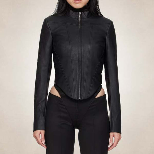 Women’s Corset Style Black Leather Racer Jacket