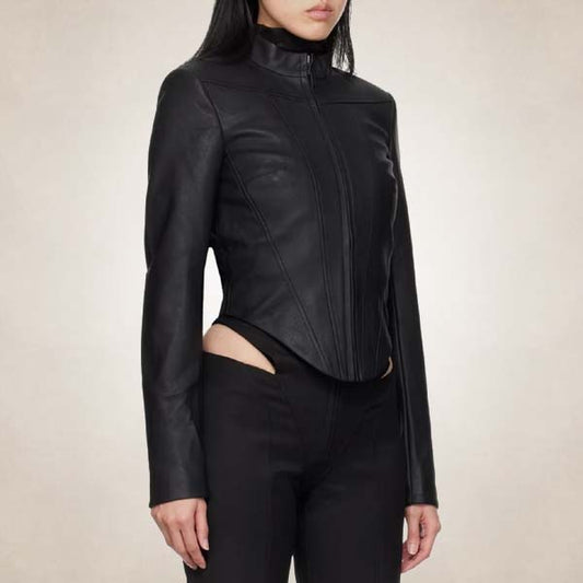 Women’s Corset Style Black Leather Racer Jacket