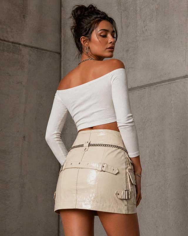 Womens Cream Patent Leather Utility Mini Skirt