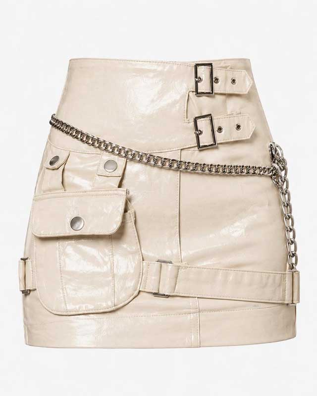 Womens Cream Patent Leather Utility Mini Skirt