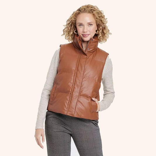 Women's Full Zipper Tan Brown Leather Casual Puffer Vest